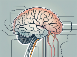 The human brain highlighting the accessory nerve's pathway as it exits the brain