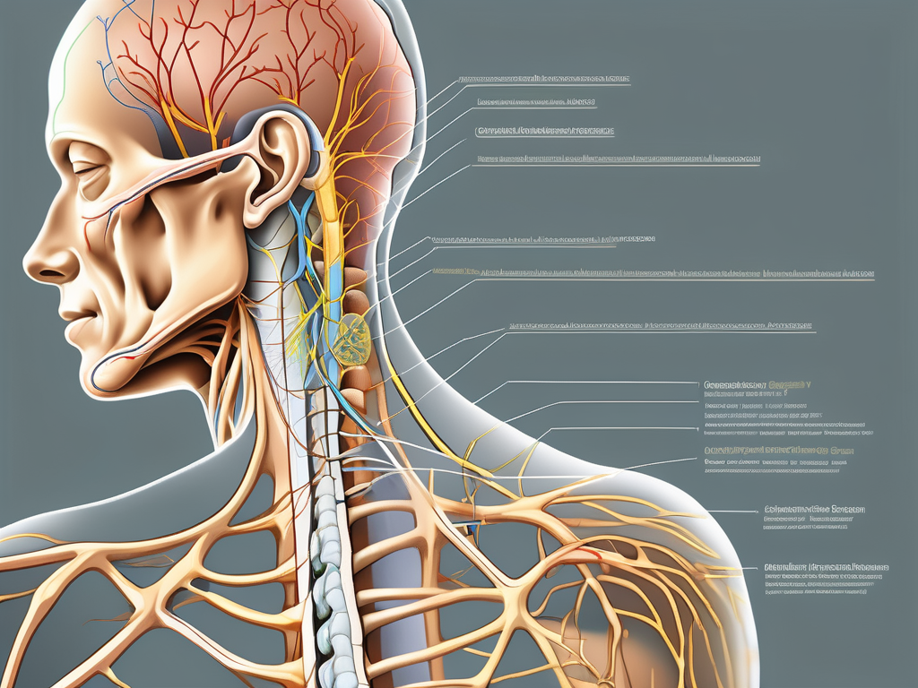 The spinal accessory nerve highlighted in a detailed anatomical illustration of the human nervous system